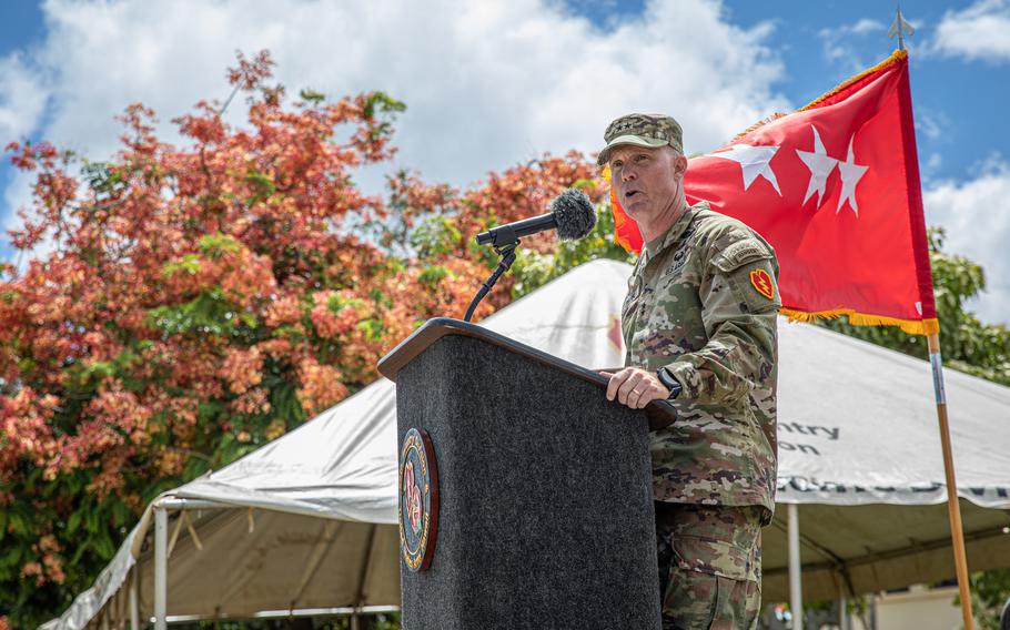 U.S. Army Maj. Gen. Marcus Evans gives a speech at the division change of command ceremony at Schofield Barracks, Hawaii, Aug. 25, 2023. 