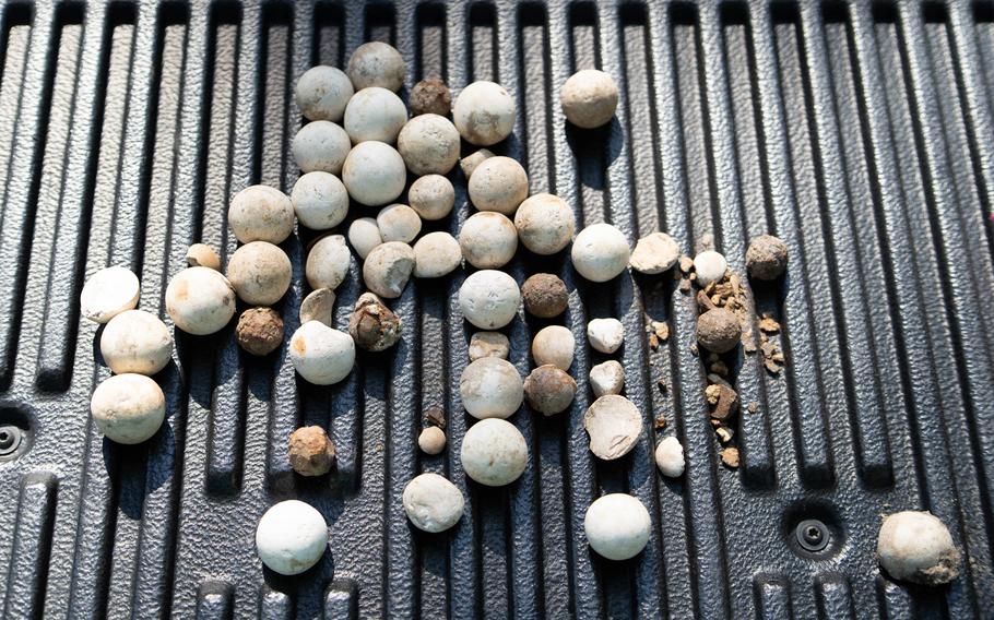 On the back of his truck, Gary Cananzey laid out various artifacts found at his nephew's driveway. They appear to be projectiles dating to the Seminole Wars or Civil War. 