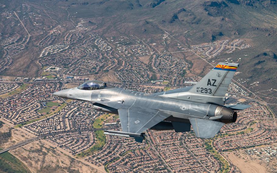 An F-16 assigned to the 162nd Wing at Morris Air National Guard Base in Tucson, Ariz., soars over the skies during training.