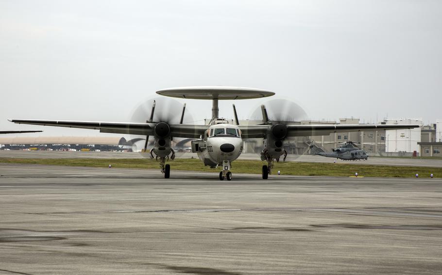 An E-2D Advanced Hawkeye taxis at Marine Corps Air Station Iwakuni, Japan, Aug. 9, 2017.