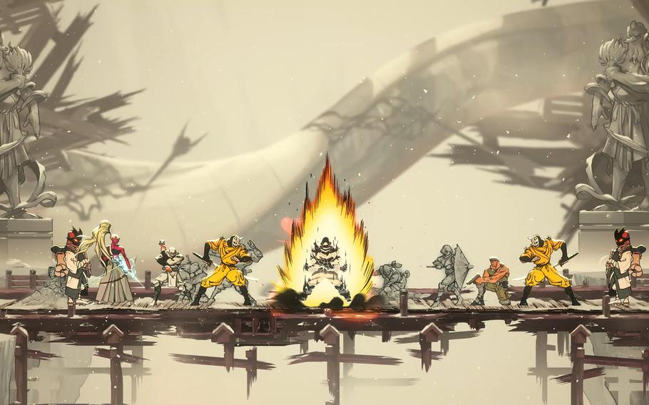 Characters in the video game Shinobi: Art of Vengenace do battle on a bridge.