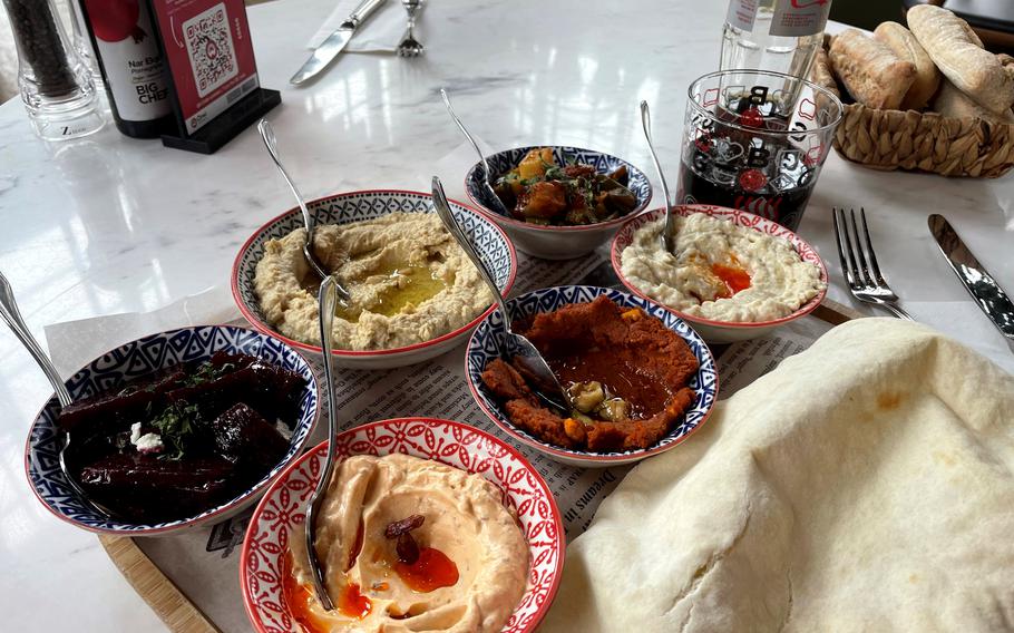 Big Chefs in Stuttgart is best known for eastern Mediterranean food. This dish, called the Mezze Mezze, includes a serving of hummus and various dips.