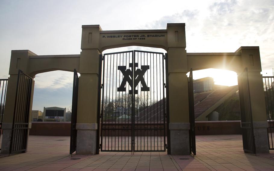 The entrance to Virginia Military Institute’s P. Wesley Foster Jr. Stadium in Lexington, Va., on November 25, 2020.