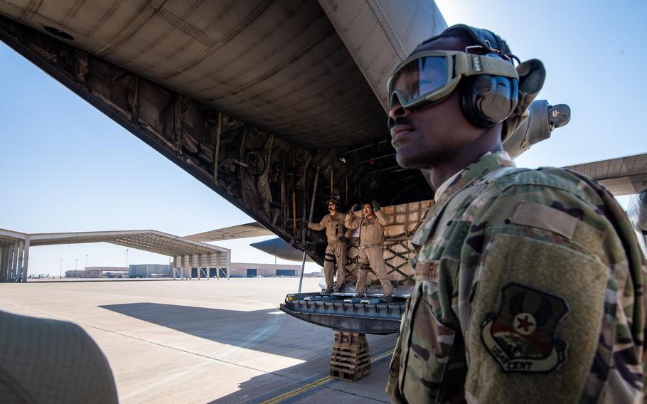 C-130 Hercules loadmasters and aerial porters unload cargo at Prince Sultan Air Base, Saudi Arabia, in 2019. A recently released report by the Government Accountability Office shows that the U.S. cannot fully account for how military assistance to Saudi Arabia and the United Arab Emirates was used by the Saudi-led coalition in Yemen.