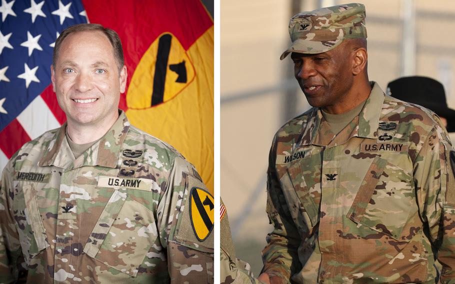 Col. Jon Meredith, left, and Col. Anthony Wilson were relieved as commanders of 1st Brigade Combat Team, 1st Cavalry Division and 1st Cavalry Division Sustainment Brigade, respectively, at Fort Hood, Texas.