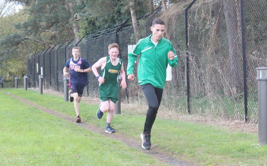 The Lakenheath Lancers and the Alconbury Dragons competed against each other in a cross country race Saturday, Oct. 16, 2021. At the end of the first lap, the Dragons’ lead runner was Alan Smith followed by middle schooler Benjamin Wilson and Lakenheath's Hayden Luzier. 