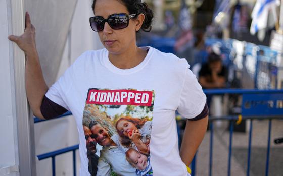 Ofri Bibas Levy wears a shirt with the images of her brother, sister-in-law and their two children, who were taken captive in Gaza by Hamas.