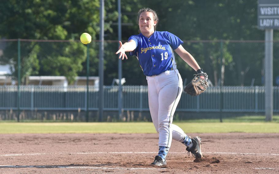 Sigonella's Erin Martin pitches to Spangdahlem on Saturday, May 21, 2022, in a game that determined who would face Naples in the finals of the DODEA-Europe Division II/III softball championships at Kaiserslautern, Germany.