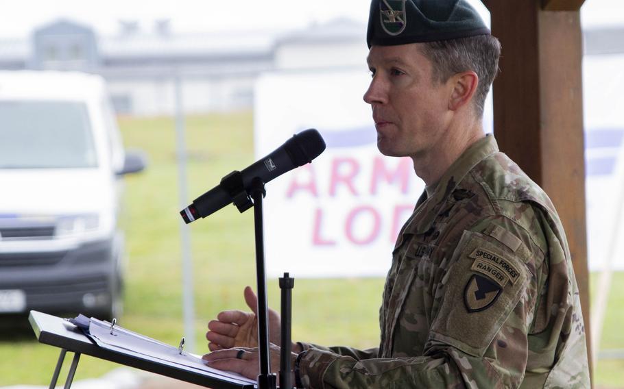 Col. Reid Furman, Rheinland-Pfalz garrison commander, speaks at the groundbreaking ceremony Nov. 3, 2023, for the new Army lodge in Baumholder, Germany. 