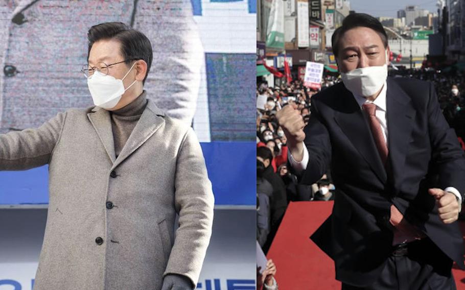 South Korea's leading presidential candidates, Lee Jae-myung, left, and Yoon Seok-youl, take part in separate campaign events, Thursday, Feb. 24, 2022. 