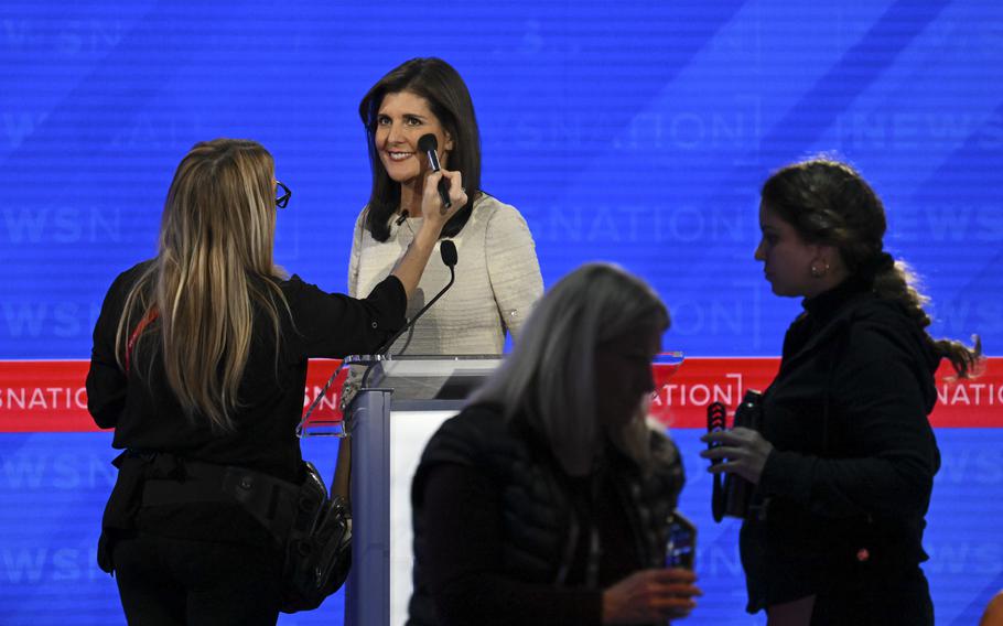 Nikki Haley gets makeup reapplied during a break in the Republican presidential debate. 
