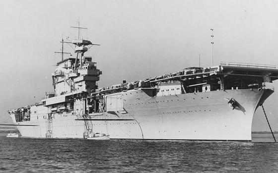 A black and white photo of the USS Yorktown.