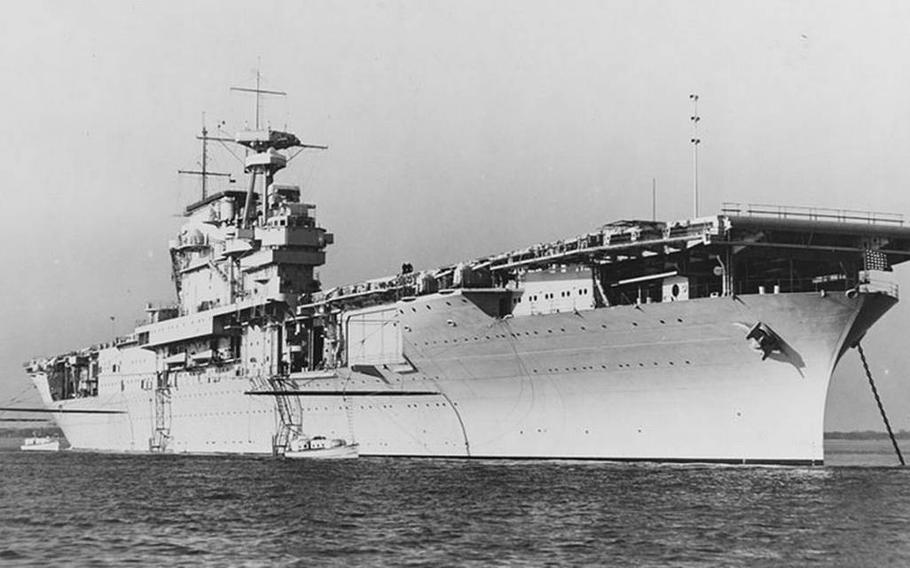 A black and white photo of the USS Yorktown.