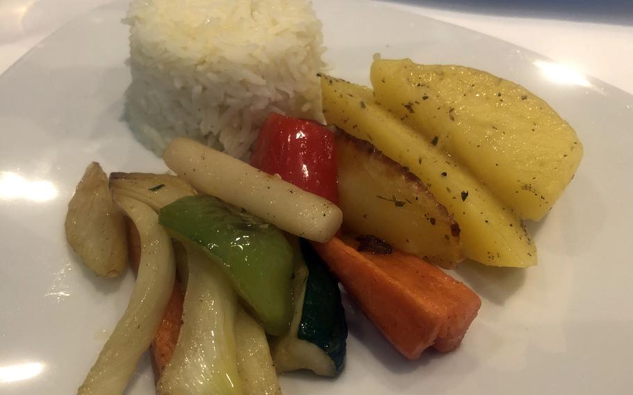 The side dish for both main courses was rice and roasted vegetables that included fennel, peppers, zucchini, carrots and potatoes. The rice was a little dry but the veggies were perfectly roasted and seasoned.