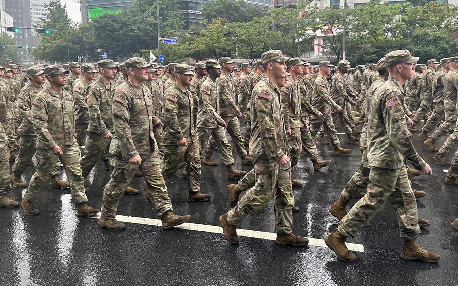 U.S. soldiers assigned to Eighth Army take part in the Armed Forces Day parade in Seoul, South Korea, Tuesday, Sept. 26, 2023. 
