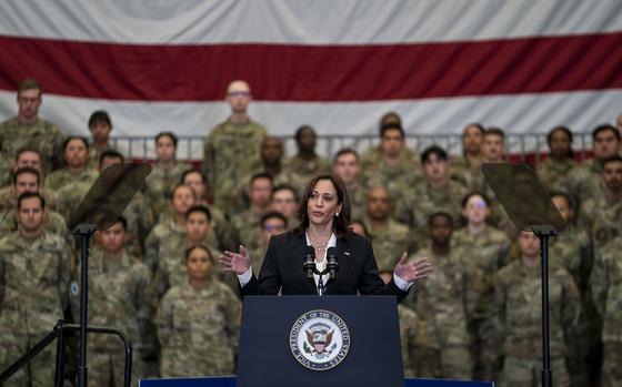 Vice President Kamala Harris delivers remarks during a visit to Vandenberg Space Force Base on April 18, 2022, in California. (Kent Nishimura/Los Angeles Times/TNS)