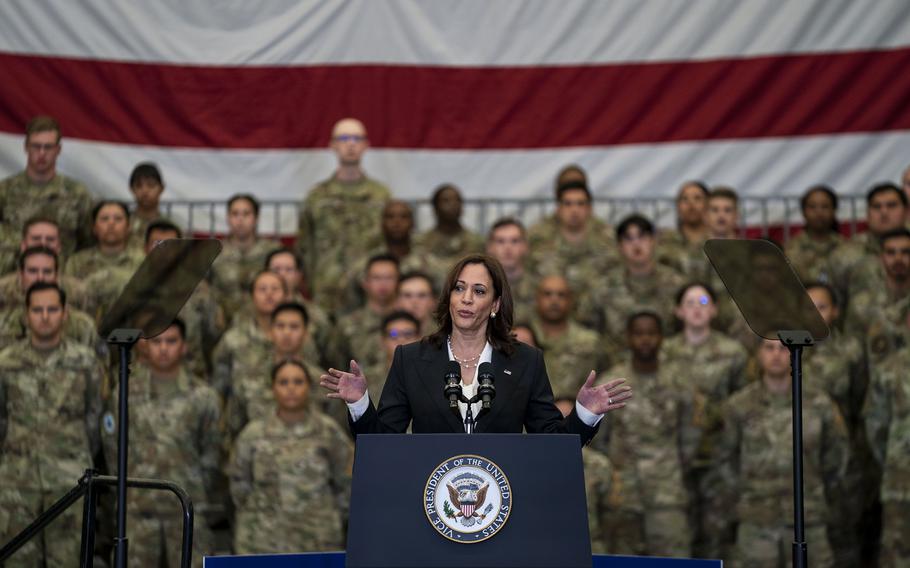 Vice President Kamala Harris delivers remarks on Monday April 18, 2022, during a visit to Vandenberg Space Force Base in California, where Harris said the United States would not conduct anti-satellite missile tests.