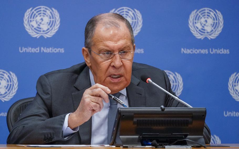 Russian Foreign Minister Sergey Lavrov speaks to reporters during a news conference during 76th session of the United Nations General Assembly, Saturday, Sept. 25, 2021 at United Nations headquarters. 