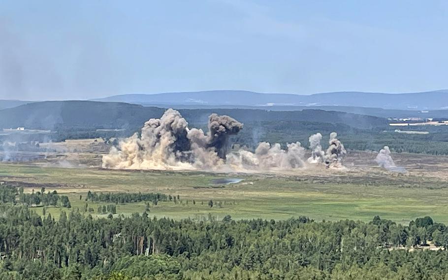 Artillery explodes at Grafenwoehr Training Area, Germany, during exercise Dynamic Front, July 20, 2022.