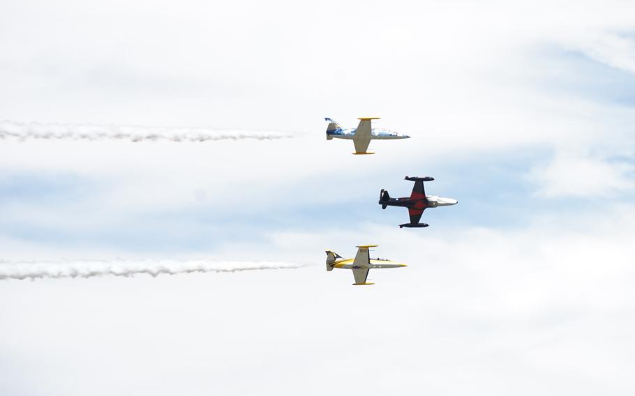 A Canadian L-39 Albatros team performs a flyover during the Selfridge Air National Guard Base’s Open House and Air Show on July 9, 2022.