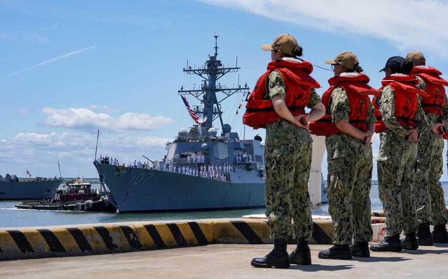 The USS Gravely returns to Naval Station Norfolk on June 24, 2022.