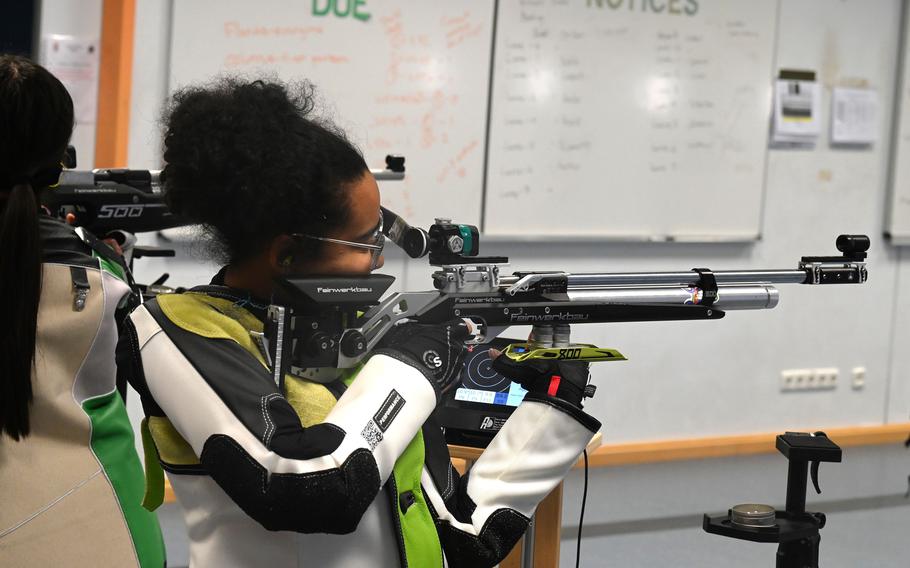 Stuttgart shooter Nole Smith finished the day only dropping five points in her standing position during the DODEA-Europe marksmanship competition at Vilseck High School on Dec. 9, 2023. 