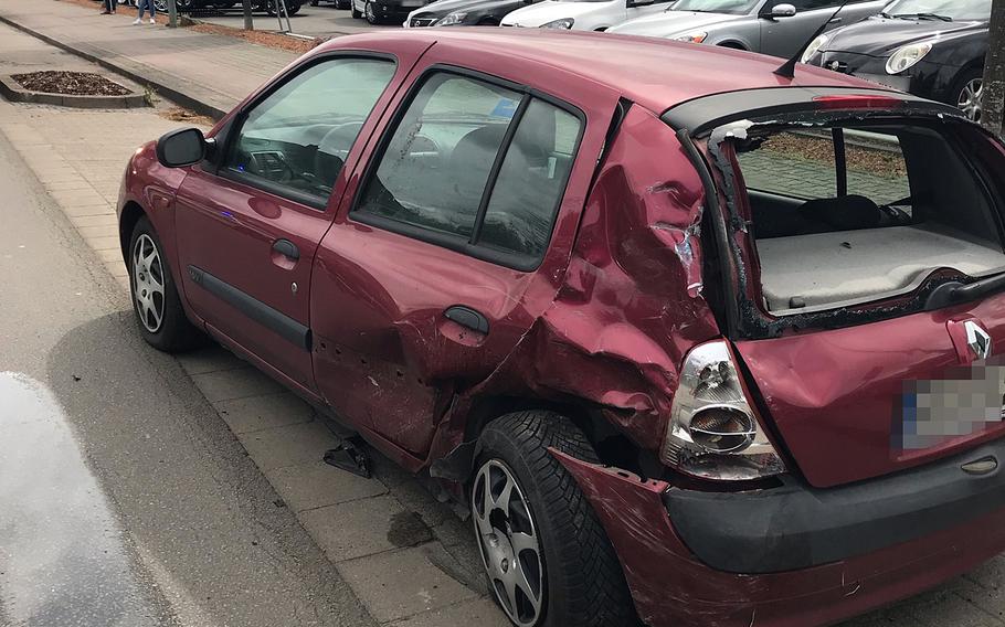 A U.S. military policeman lost control of his vehicle May 21, 2021, hit this parked car and then overturned, blocking Kaiserstrasse in Kaiserslautern, Germany, near Pulaski Barracks, local police said.

Police department Westpfalz 