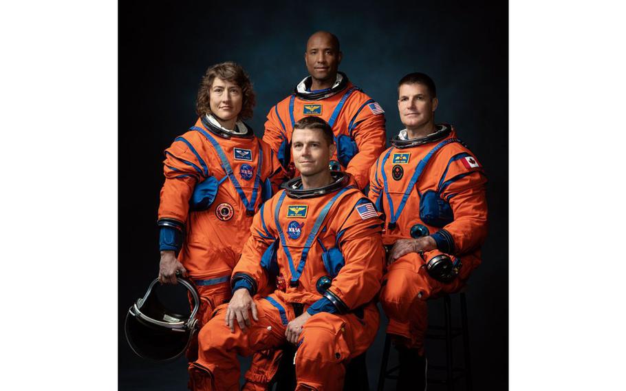 From left, clockwise: Christina Koch, Victor Glover, Jeremy Hansen and Gregory Wiseman were announced on Monday, April 3, 2023, as NASA’s chosen crew to fly Artemis II, a mission that will take them around the moon and back.