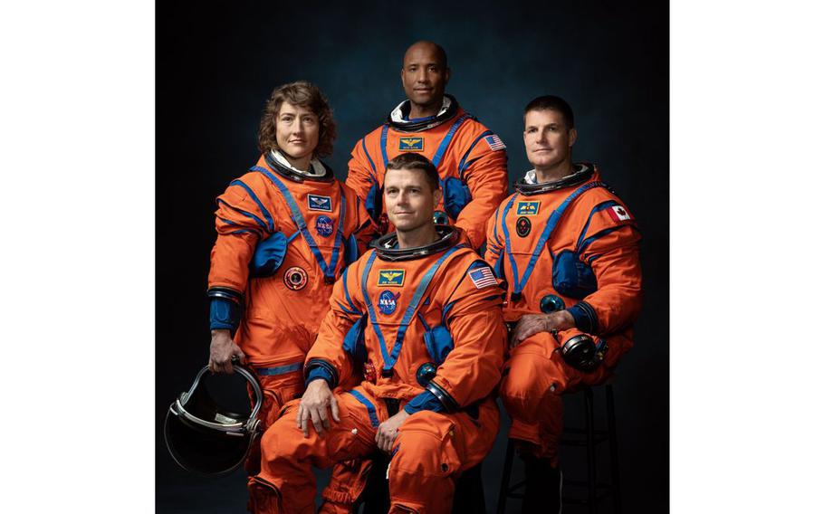 From left, clockwise: Christina Koch, Victor Glover, Jeremy Hansen and Gregory Wiseman were announced on Monday, April 3, 2023, as NASA’s chosen crew to fly Artemis II, a mission that will take them around the moon and back.