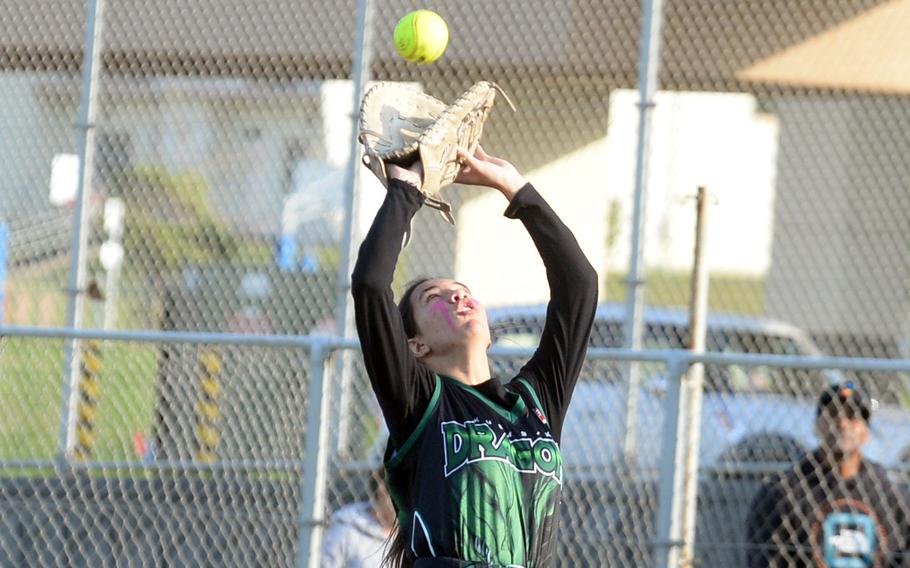 Kubasaki first baseman Jenelle Glade sees a Kadena popup into her glove during Tuesday's DODEA-Okinawa softball game. The Panthers won 8-2 and took a 2-0 season-series lead.