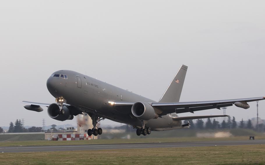 A Boeing KC-46A Pegasus takes off at Yokota Air Base, Japan, Oct. 25, 2018, during a system evaluation. Boeing and Virginia Tech will establish a workforce development center in Alexandria, Va., to help military veterans transition to civilian life and build careers in the technology and defense industries.