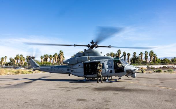 Marines assigned to Marine Light Helicopter Attack Training Squadron 303, Marine Aircraft Group 39, 3rd Marine Aircraft Wing, conduct preflight checks on a UH-1Y Venom at Palm Springs International Airport, California, Nov. 5, 2023. 
