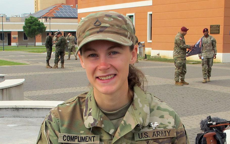 Pfc. Emily Compliment earned her Expert Field Medical Badge on her first try during recent testing at Caserma Del Din in Vicenza, Italy. One of three Army badges denoting expertise in soldiering, it was created in 1965 and is widely considered a difficult achievement.                        