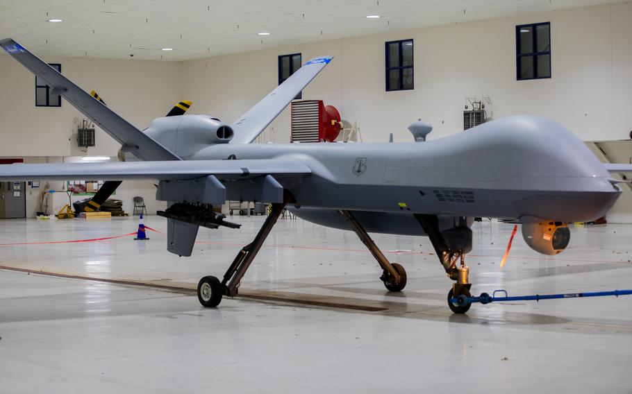 A remotely piloted MQ-9 Reaper from the 163rd Attack Wing sits in a 178th Wing hanger on Springfield-Beckley Air National Guard Base, Ohio, March 12, 2024. 