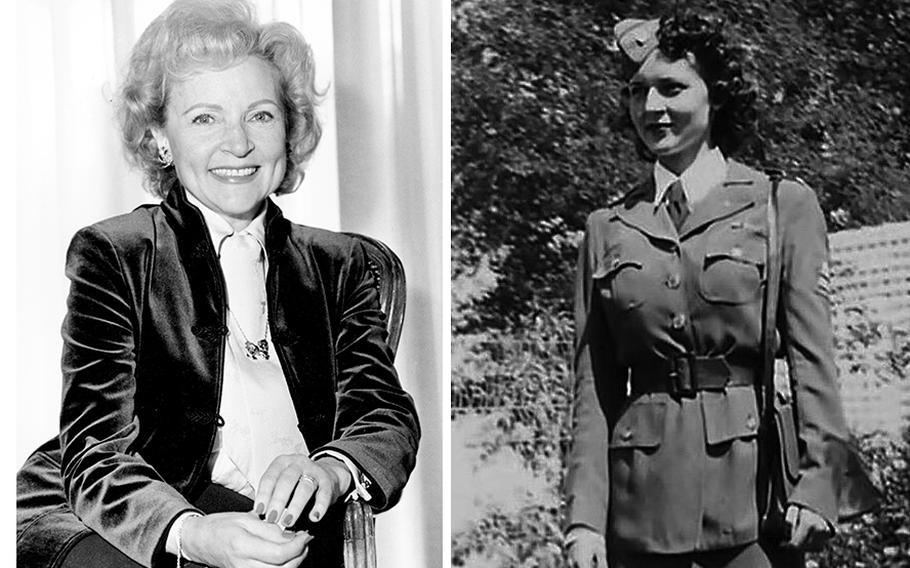 Actress Betty White as seen, left, on March 5, 1982, in Los Angeles, and at right during World War II in an American Women’s Voluntary Services uniform. White died Dec. 31, 2021. She was 99. 