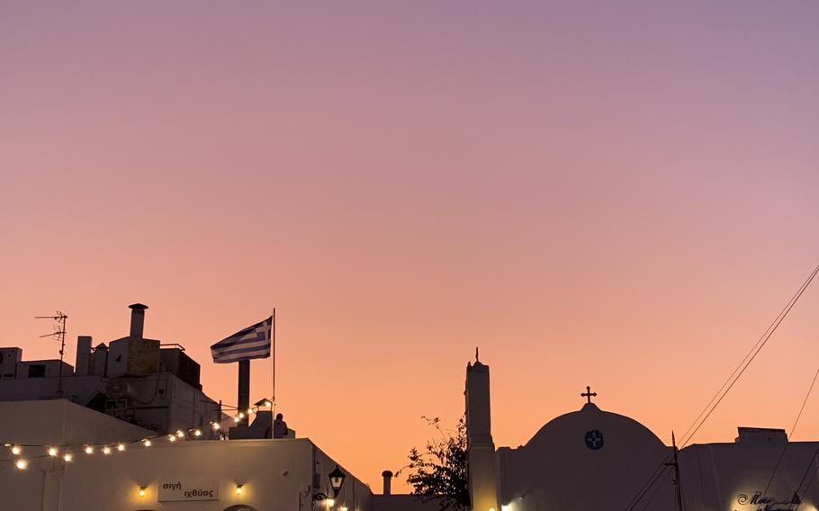 The sun sets in Naousa, one of Paros's more lively towns for dining, drinking and shopping. 