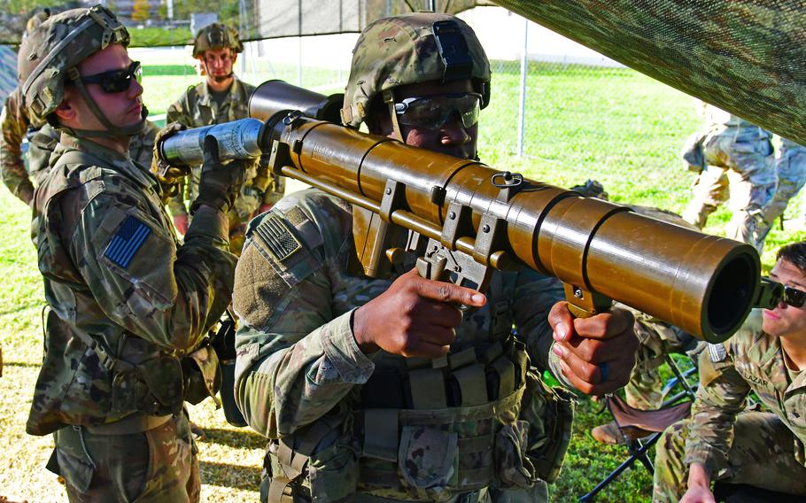 U.S. Army paratroopers from the 173rd Airborne Brigade prepare an M3E1 anti-personnel weapon as part of Expert Infantryman Badge, Expert Soldier Badge and Expert Field Medical Badge training at Caserma Del Din, Vicenza, Italy, Oct. 28, 2022. 