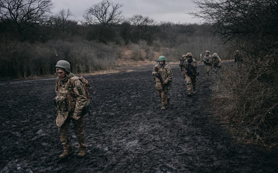 Military recruits train in Donbas, Ukraine, on Feb. 5, 2024.