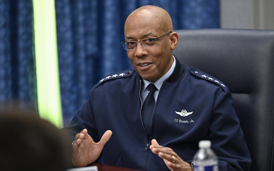 Air Force Gen. CQ Brown, the service’s chief of staff, speaks with members of the Arnold Community Council for Arnold Air Force Base, Tenn., during a meeting at the Pentagon on May 15, 2023. 