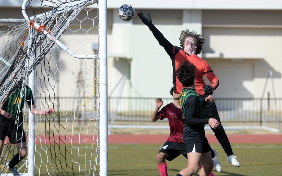 Robert D. Edgren goalkeeper Cole Donnelly can't quite get his hand on a corner kick by Matthew C. Perry's Ren Spinosi. Spinosi's goal helped lead the Samurai past the Eagles 3-0 Friday in the Perry Cup.