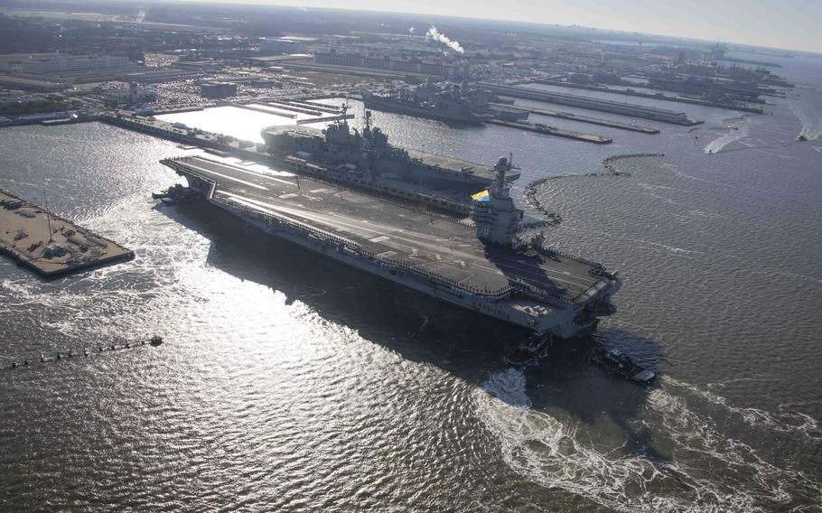 The aircraft carrier USS Gerald R. Ford — the lead ship in the Ford-class of aircraft carrier, the first new class in more than 40 years — arrives at Naval Station Norfolk on Jan. 18, 2024, following an eight-month deployment — the carrier’s first combat deployment.