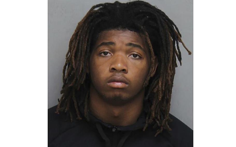 This photo provided by Blacksburg Police Dept., shows Isimemen Etute. Etute, a Virginia Tech freshman linebacker charged with second-degree murder, fatally beat his victim after discovering that the person, whom he met on Tinder as “Angie,” was a man, prosecutors said Wednesday, June 9, 2021.