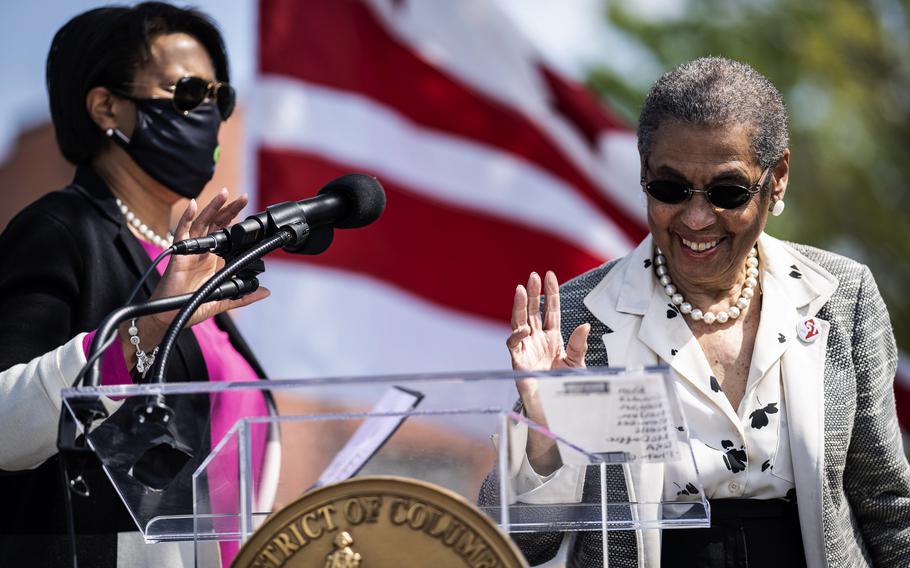 Washington, D.C,. Mayor Muriel Bowser, left, and Del. Eleanor Holmes Norton, D-D.C., in April 2021. Washington’s local mask mandate, one of the strictest in the nation since late July, will relax greatly beginning Monday, Mayor Muriel Bowser, a Democrat, announced Tuesday.