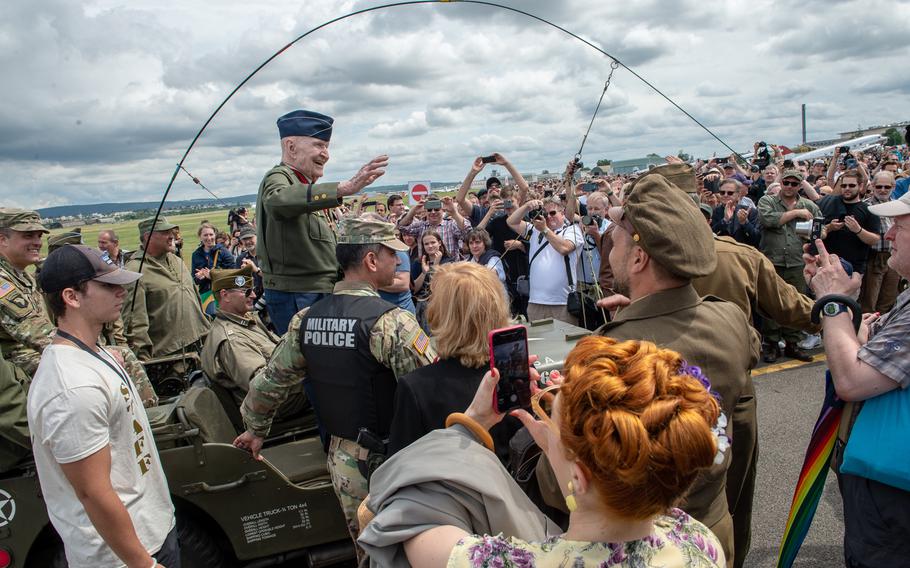 Gail Halvorsen, the famed “Candy Bomber,” greets spectators after arriving at the 70th anniversary commemoration of the end of the Berlin Airlift at Clay Kaserne airfield in Wiesbaden, Germany, Monday, June 10, 2019.