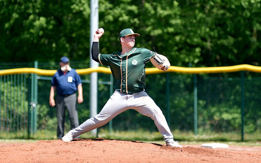 SHAPE Game 1 starter Will Bush throws a pitch against Kaiserslautern on May 11, 2024, at Pulaski Park in Kaiserslautern, Germany.