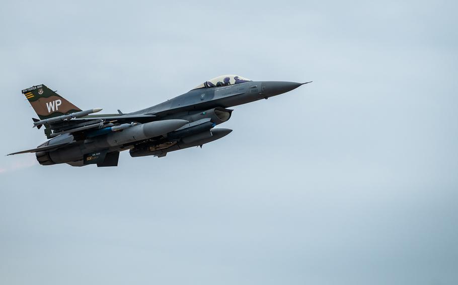 An F-16 Fighting Falcon takes off from Kunsan Air Base, South Korea, Jan.19, 2024.