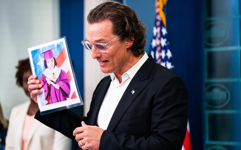 Actor Matthew McConaughey holds an image of Alithia Ramirez, 10, who was killed in the mass shooting at an elementary school in Uvalde, Texas, as he speaks during the White House daily press briefing on June 7, 2022. 