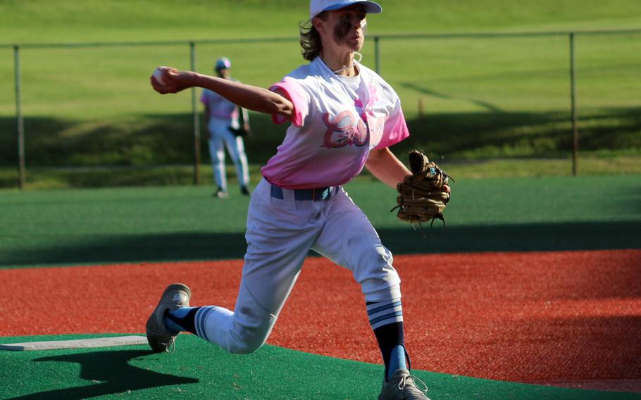 Osan right-hander Josh Low delivers against Humphreys during Wednesday's DODEA-Korea baseball game. The Blackhawks won 9-4.