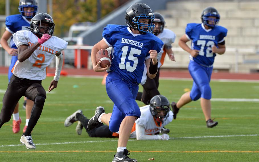 Brussels’ Sawyer Ter Horst scampers for a big gain in the Brigands’ 64-48 win over Spangdahlem in the DODEA-Europe Division III football final in Kaiserslautern, Germany, Oct. 29, 2022.