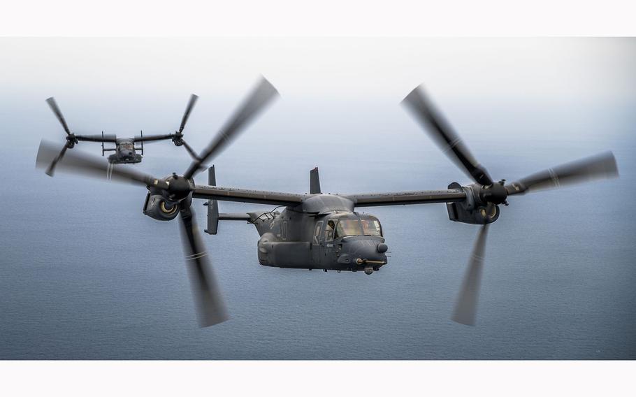CV-22 Ospreys assigned to the 21st Special Operations Squadron approach an MC-130J Commando II for aerial refueling over the Sea of Japan on March 17, 2023. 